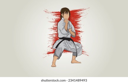 Woman in a kimono and with a black belt stands in a martial pose in karate martial arts. Vector illustration. Abstract background.