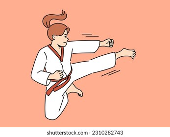 Woman in kimono exercising karate on ring. Strong powerful girl in special uniform practice martial arts. Sport and hobby. Vector illustration. 