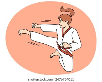 Mujer en kimono ejercitando karate en el ring. Chica poderosa fuerte con uniforme especial practica artes marciales. Deporte y afición. Ilustración vectorial.