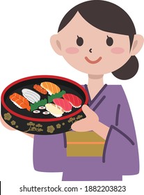 A woman in a kimono has sushi
