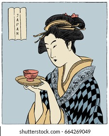 Frau in einem Kimono, der eine Tasse Tee hält. Traditioneller japanischer Stil (Vektorgrafik)