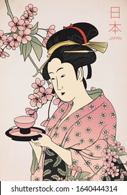 Woman in a Kimono holding a teacup. Traditional Japanese style / Geisha costume / Traditional painting / Flower pattern. Vector illustration.(Translate red letters : 'Japan')