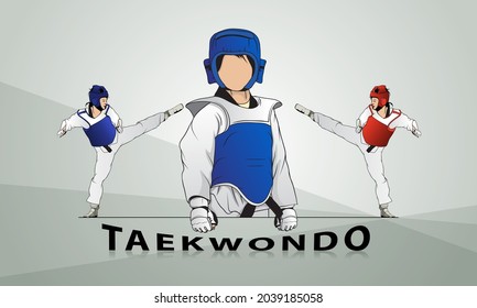 A woman in a kimono and a protective suit is engaged in taekwondo. The logo for women's taekwondo.