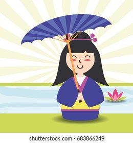 woman with kimono and umbrella decoration desgn