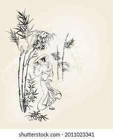 woman kimono walk vector card japanese chinese nature ink illustration engraved sketch traditional