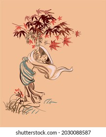 woman kimono walk vector card japanese chinese nature ink illustration engraved sketch traditional textured colorful