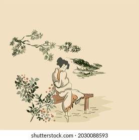 woman kimono walk vector card japanese chinese nature ink illustration engraved sketch traditional textured colorful