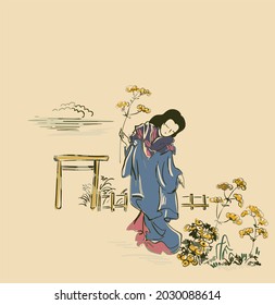 woman kimono walk vector card japanese chinese nature ink illustration engraved sketch traditional textured colorful