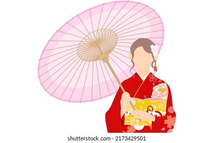 A woman in kimono, wearing a furisode (long-sleeved kimono)stand under an umbrella