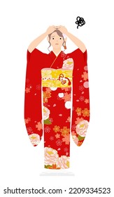 A woman in kimono, wearing a furisode (long-sleeved kimono)Worry with your head