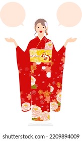 A woman in kimono, wearing a furisode (long-sleeved kimono)Speak with open arms (with speech balloon)