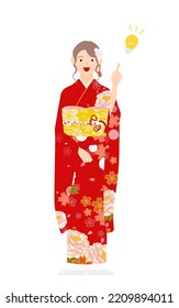 A woman in kimono, wearing a furisode (long-sleeved kimono)Pointing and advising
