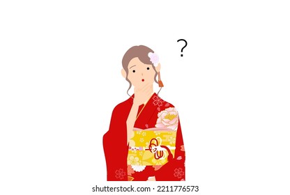 A woman in kimono, wearing a furisode (long-sleeved kimono)Have doubts