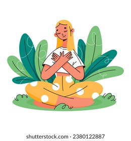 A woman with a kind heart, feeling self-love, bliss, harmony, positive emotions. Happy calm peaceful girl. Caring, humanity, self-help and peace concept. Colored flat vector illustration