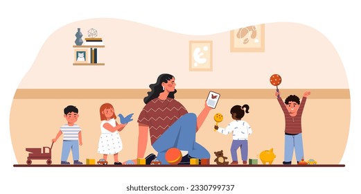 Woman in kindergarten with kids concept. Young girl with toddlers and babies. Nany with boys and girl in playroom. Education and skills development. Cartoon flat vector illustration