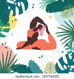 Woman in king pigeon rajakapotasana asana yoga position. Body positive plus size girl pulls her leg to the head in tropics.  Female in harmony with herself, mental and body health. Vector flat