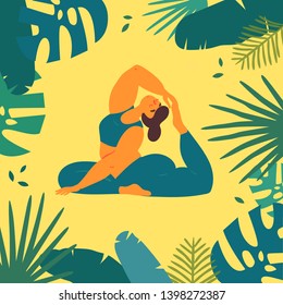 Woman in king pigeon rajakapotasana asana yoga position. Body positive plus size girl pulls her leg to the head in tropics.  Female in harmony with herself, mental and body health. Vector flat