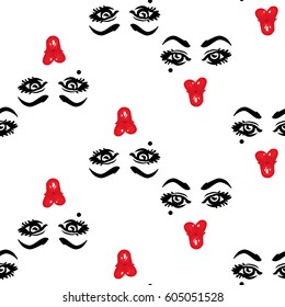 Woman kiss vector emoticons, emoji, smiley icons, characters. Fashion illustrated women's emotional faces seamless pattern.