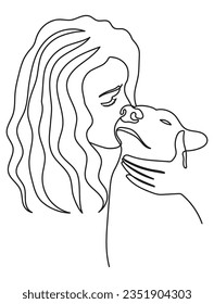 Woman Kisses her Dog in Minimal One Line Art Drawing