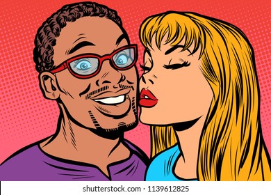 woman kisses a man. multi-ethnic couple. joy smile. Pop art retro vector illustration kitsch vintage drawing