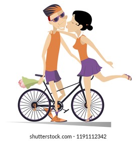 Woman kissing a cyclist man who has won the race illustration. Young woman kissing a cyclist with the bike and bunch of flowers isolated on white illustration
