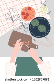 Woman in the kitchen. Artichoke, tomatoes, carrots, radishes. Human hands. Home recipes. Vector design of postcard, print, cover