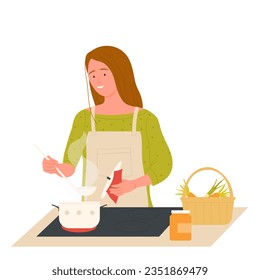 Woman at kitchen cooking. Food preparing process, vegetables and fruits vector illustration