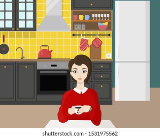 Woman in the kitchen drinking coffee, vector illustration in flat style
