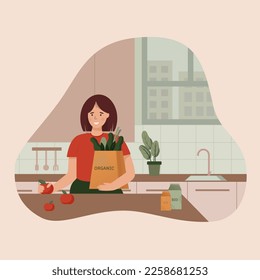 Woman in the kitchen with food. Useful products for health and well-being. Greens, fruits, apples. Vector illustration in a flat style.