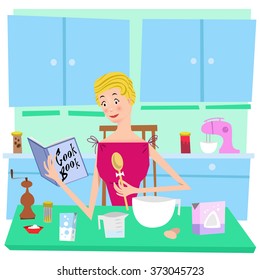 Woman in kitchen holding cookbook and spoon, surrounded by various kitchen equipment and appliances (Fifties style)