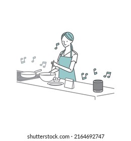 A woman kitchen who cooks while listening to music on a smart speaker