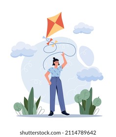 Woman with kite. Mom carries gift to her son and daughter, adult plays with children. Outdoor recreation, weekend. City park in spring or summer. Character in nature. Cartoon flat vector illustration