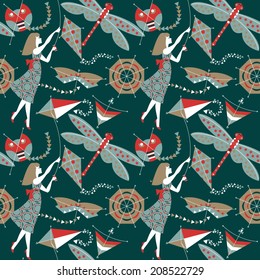 Woman with a kites. Seamless background pattern. Vector illustration