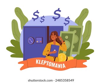 Woman with kleptomania. Young girl steals small things. Mental disorders and psychological illness. Shoplifter with pickpocket. Flat vector illustration isolated on white background