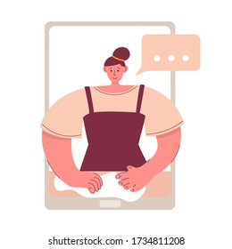 Woman kneading dough. Online baking course. Cooking video tutorial on phone.  Video workshop on preparing food. Learn to cook on Internet from a device. Vector illustration about quarantine activity.