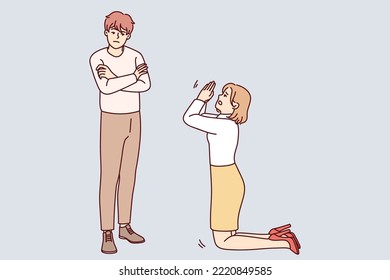 Woman Kneel Ask Forgiveness From Man. Female Stand On Knees Beg Stubborn Offended Male To Forgive. Relationship Problems. Vector Illustration. 
