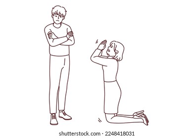 Woman kneel ask forgiveness from man. Female stand on knees beg stubborn offended male to forgive. Relationship problems. Vector illustration. 