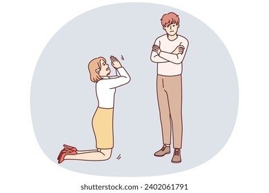 Woman kneel ask forgiveness from man. Female stand on knees beg stubborn offended male to forgive. Relationship problems. Vector illustration.