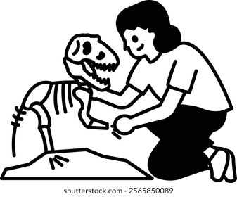 A woman is kneeling down next to a dinosaur skeleton. She is touching the skeleton and smiling. Concept of wonder and curiosity about the ancient creature