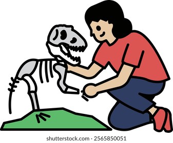 A woman is kneeling down next to a skeleton. She is touching the skeleton's leg. The skeleton is a dinosaur