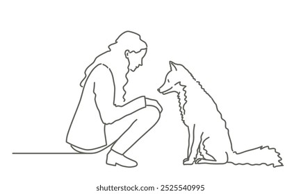 Woman is kneeling down to pet a dog, fox. The fox, dog is sitting on the ground. The woman and the dog seem to be enjoying each other's company. Hand drawn vector illustration. Black and white.