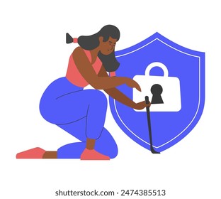 A woman kneeling and drawing a large shield with a lock icon on it, symbolizing internet security and data protection. This illustration highlights themes of cybersecurity, privacy, and online safety