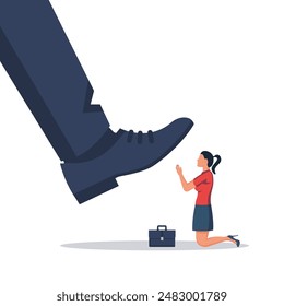 Woman kneeling in front of the big boss. Business leader. Leadership concept. Vector illustration flat design. Isolated on white background.