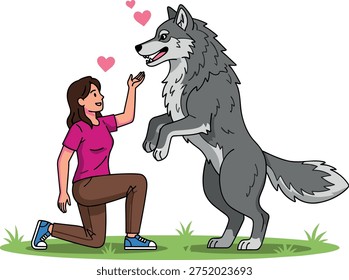 Woman kneeling and interacting with friendly wolf illustration showing affection and trust, human and wild animal bonding concept with hearts isolated on white background