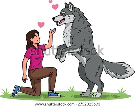 Woman kneeling and interacting with friendly wolf illustration showing affection and trust, human and wild animal bonding concept with hearts isolated on white background