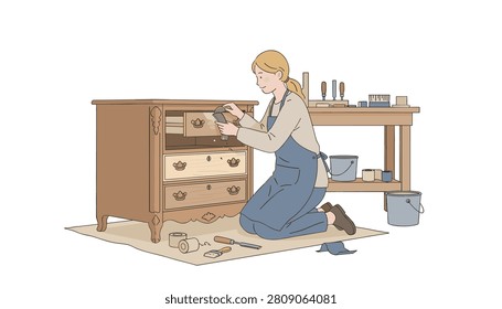 Woman kneeling on the floor while carefully sanding and refinishing a vintage wooden dresser in her workshop for a DIY home furniture project.