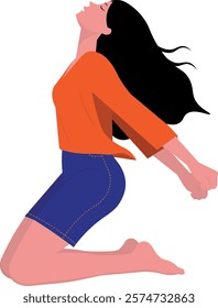 Woman kneeling, in a position as if she were free, celebrating, orange blouse, blue shorts, black hair