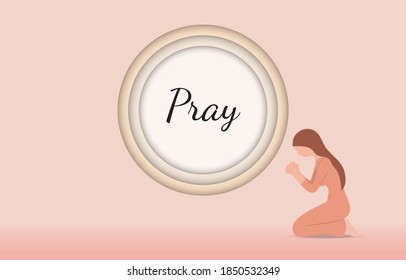 A Woman is kneeling and praying for something that can be written in the circle of the wall. Vector background.