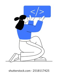 A woman kneels while holding a code sign above her head. Ideal for coding, programming, software development, web development, technology, and education themes. Minimalist vector style.