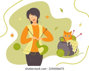 Woman knit. Knitting clothes. A sweet lady knits warm things for the winter. Cozy autumn atmosphere with elegant woman and funny cat in a basket vector illustration in cartoon flat style.